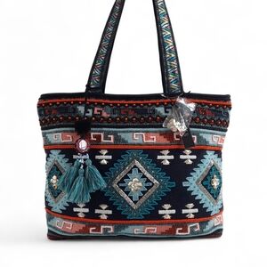 STEVEN BY STEVE MADDEN Beaded Kilim Tote Bag Carpet Tapestry Geometric Tribal